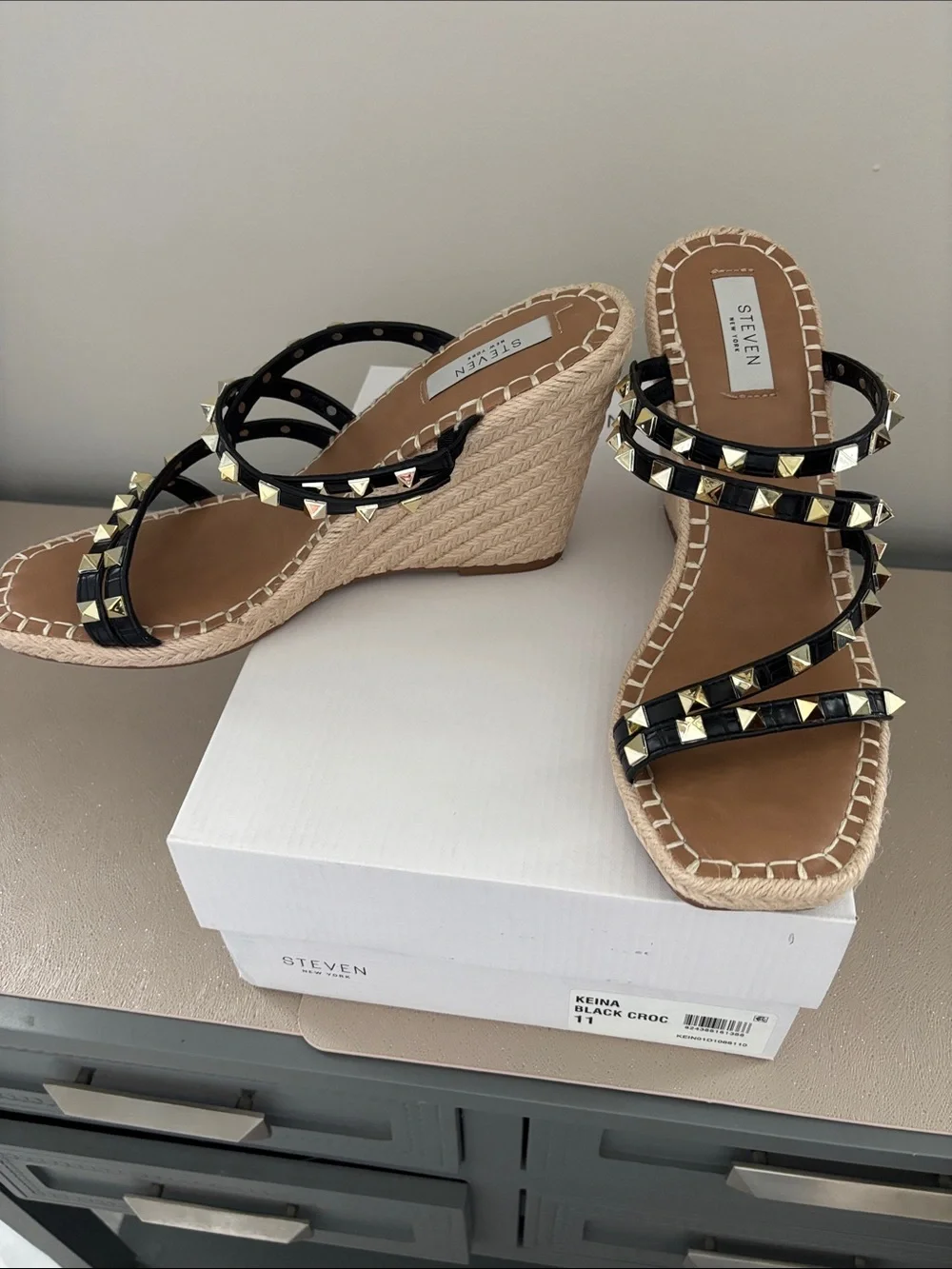 Steven By Steve Madden Black Studded Espadrille Wedge Sandals